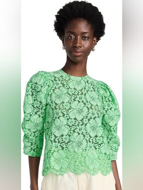 Stella Nova Mint Green Lace Floral Balloon Sleeve   Scallop Hem Top Size Medium